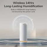 Small 500ml Desk Humidifier with Night Light & Quiet Mist displayed with features of wireless 14hrs long-lasting humidification.
