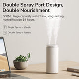 Small 500ml Desk Humidifier with Night Light & Quiet Mist showcasing double spray port design and 500ML water tank.