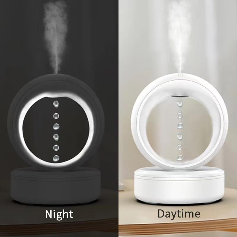 Anti-Gravity Air Humidifier – Levitating Water Drop Fogger in night and daytime settings, showcasing mist and levitating droplets.