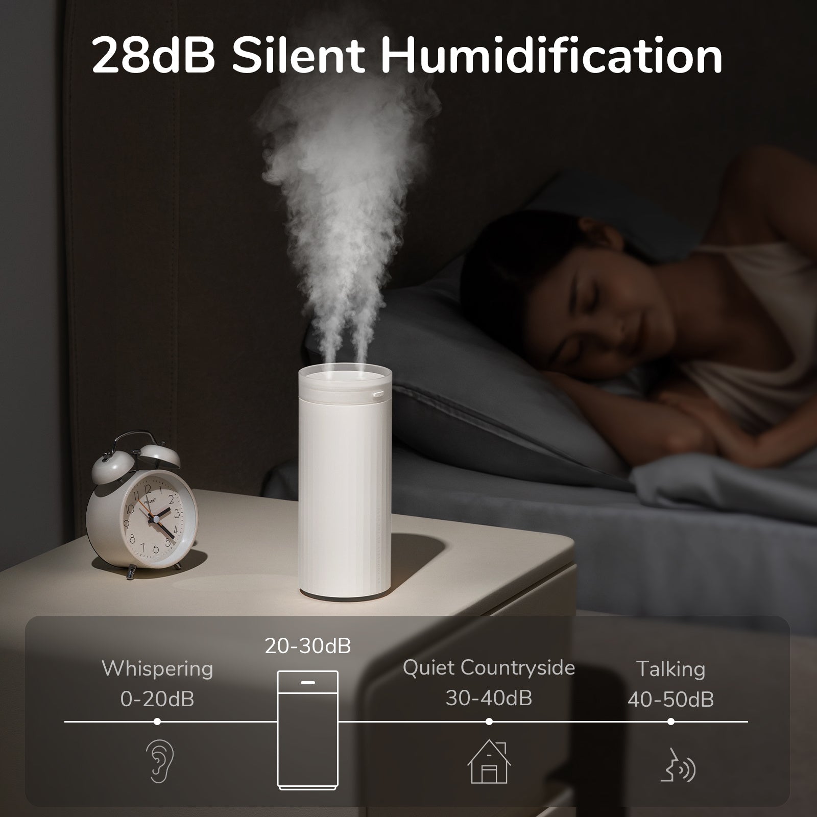 Small 500ml Desk Humidifier with Night Light & Quiet Mist in use beside a sleeping person, showcasing silent operation.